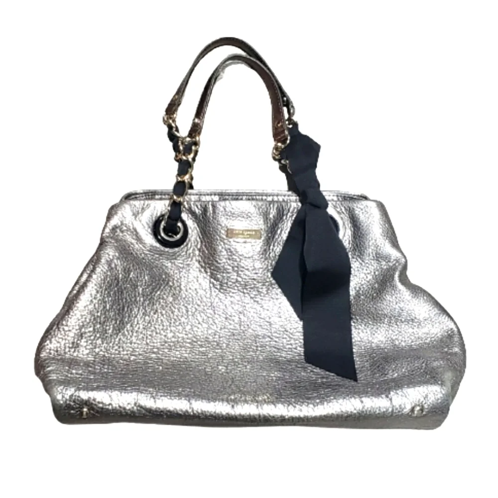 Kate Spade Silver Metallic Bag Shoulder Bag Chain Ribbon - Picture 1 of 9